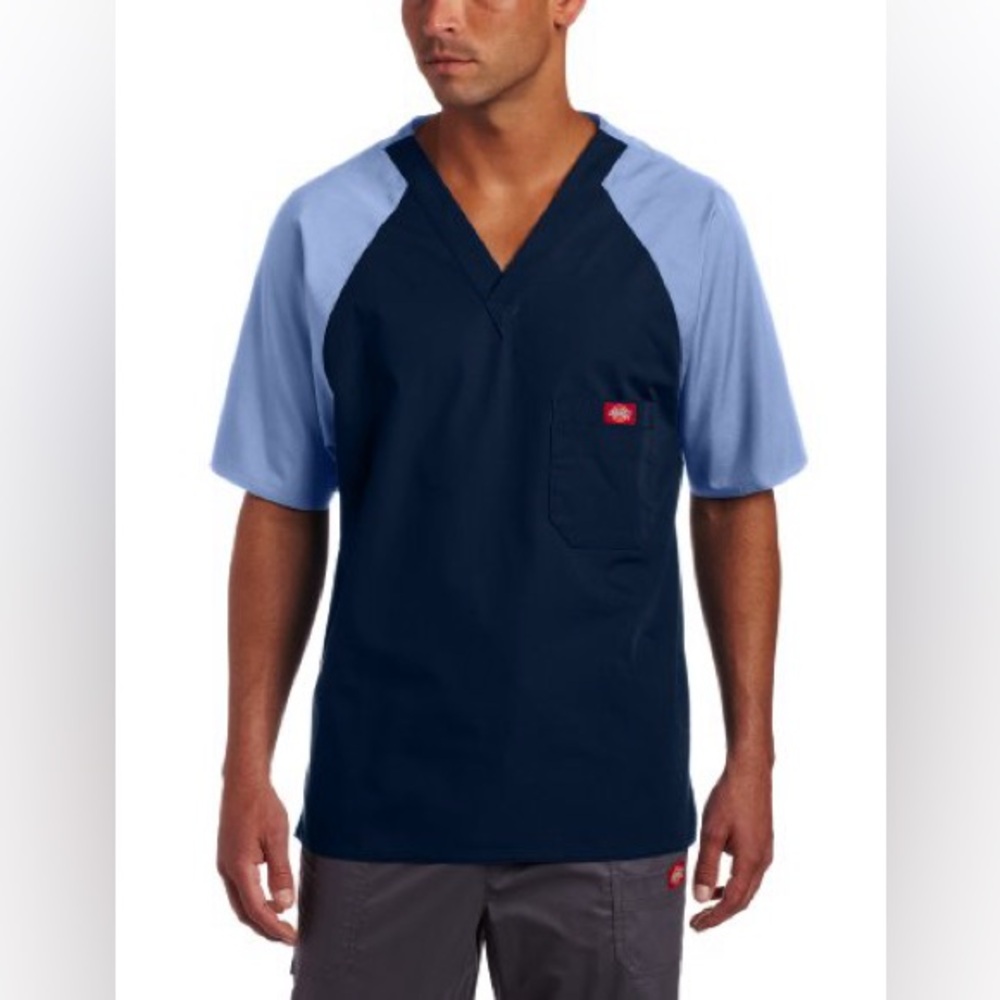 Dickies Men's raglan sleeve two tone blue Short Sleeve scrub Halloween Nurse